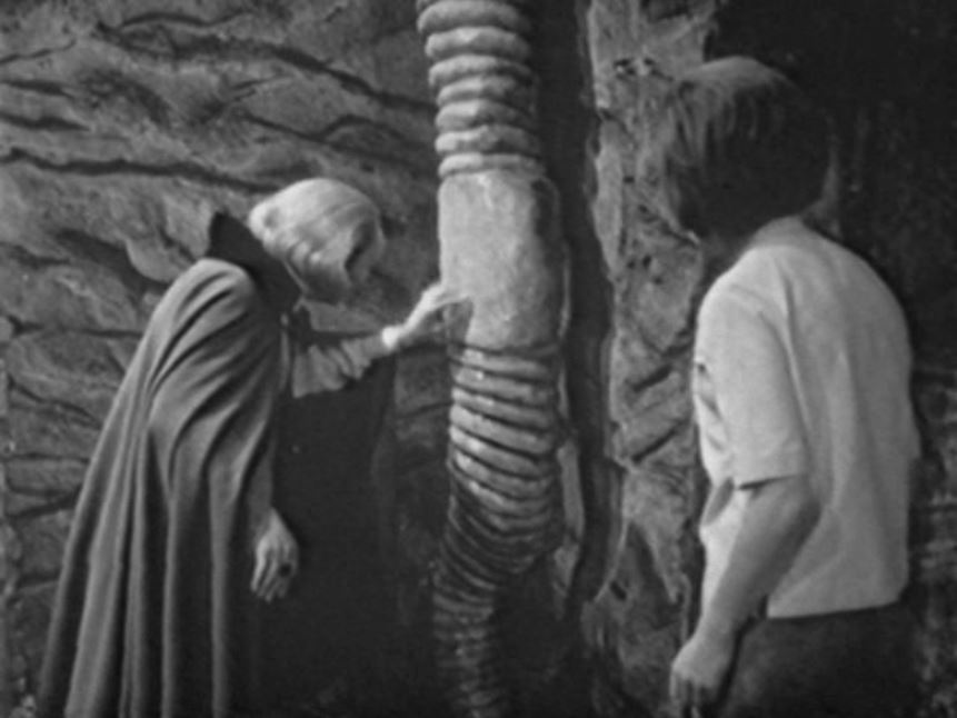 The Doctor and Barbara examine a giant earthworm.