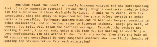 Australia Science Fiction Review extract which notes that stories are impounded for 2 years before being able to reprinted if first published in New Writings