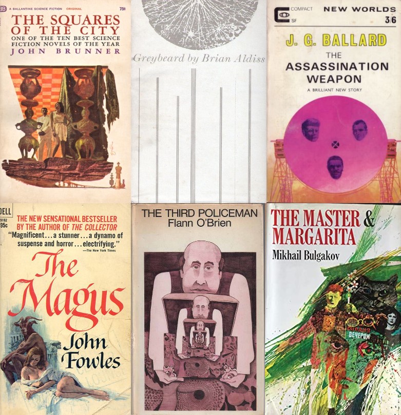 6 Covers: Squares of the City, Greybeard, The Assassination Weapon, The Magus, The Third Policeman, The Master and Margarita