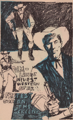 Revenge at the TV Corral! by J. de Jarnette Wilkes Illustration: Cowboy at various stage of drawing a gun 