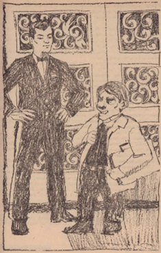 The 13th Chair by Michael Quentin Lanz Illustration: Short man with briefcase talking to another man in front of a door