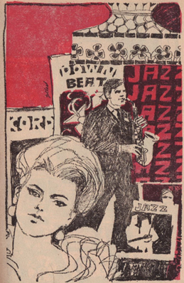 Whirligig! by John Brunner Illustration: Saxophonist in front of various jazz club signs