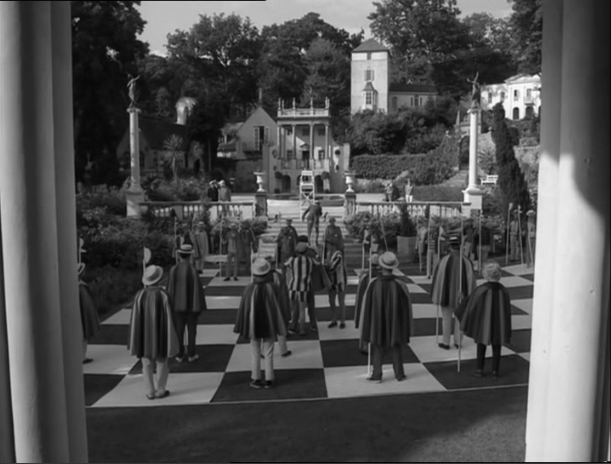 Shot of The Village where the residents are chess pieces on the board