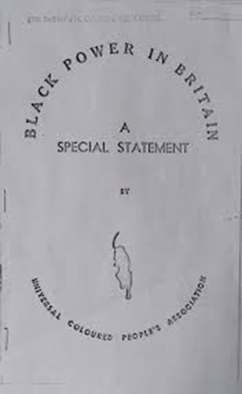 UCPA Leaflet named: Black Power in Britain: A Special Statement by Universal Coloured People's Association. On the cover is a Black Panther symbol