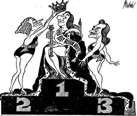 Times Cartoon criticising the competition to be the most anti-immigrant politician by showing three politicians on a podium in positions 1, 2 and 3