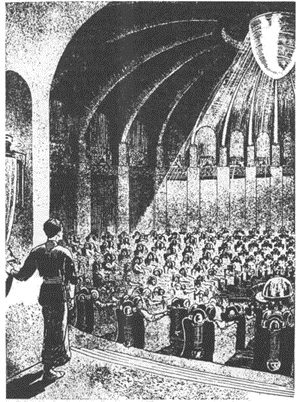 Person watching a group of people in a round domed hall where many people are in there, attached to domed caps who in turn connect to a large device.