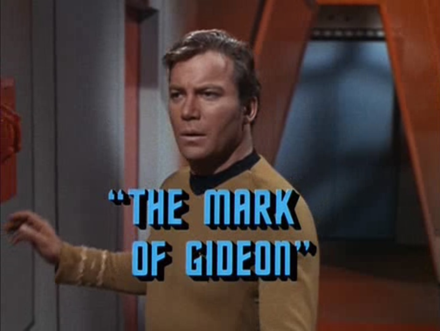 Title over Kirk wandering lost through the corridors of a fake Enterprise