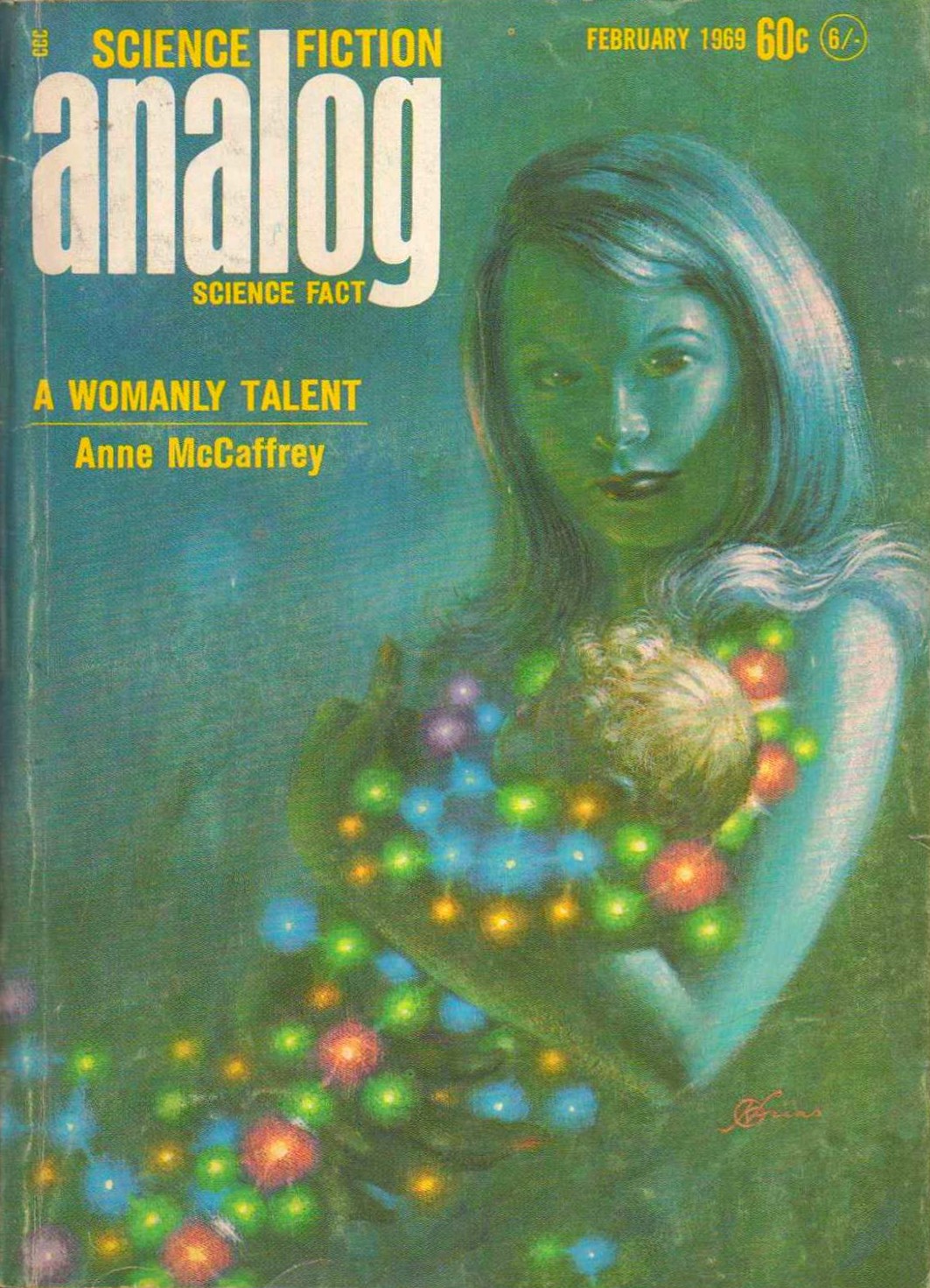 Analog cover featuring drawing of woman holding a baby swathed in christmas light glows/><br />
<small><small>by Kelly Freas</small></small></p>
<p><b><big><a href=