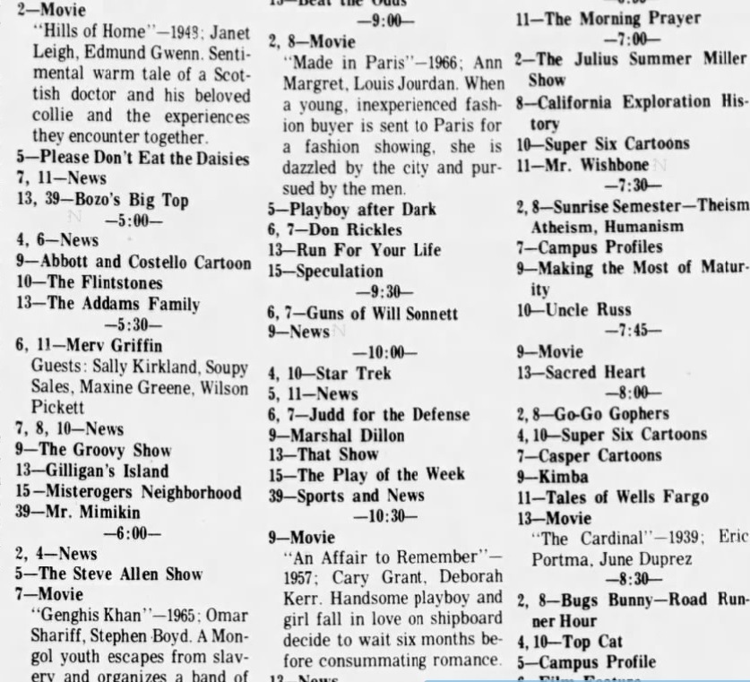 Clipping of a newspaper showing the television listings for January 31, 1969, including Star Trek at 10:00 pm