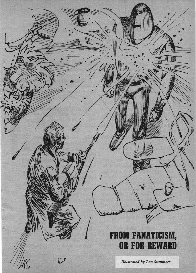 line drawing of a man with a beam rifle shooting at a robot that looks like a suit of armor