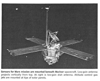 black and white photo of Mariner 6, a round probe with four rectangular solar panels jutting from it at right angles