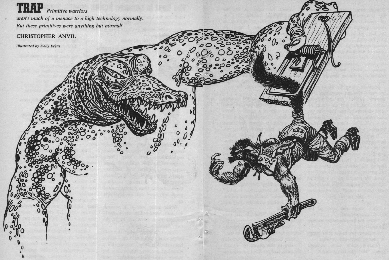 line drawing of crocodile-headed alien holding a mouse trap clamped around the tale of a furry humanoid stripped to the waist