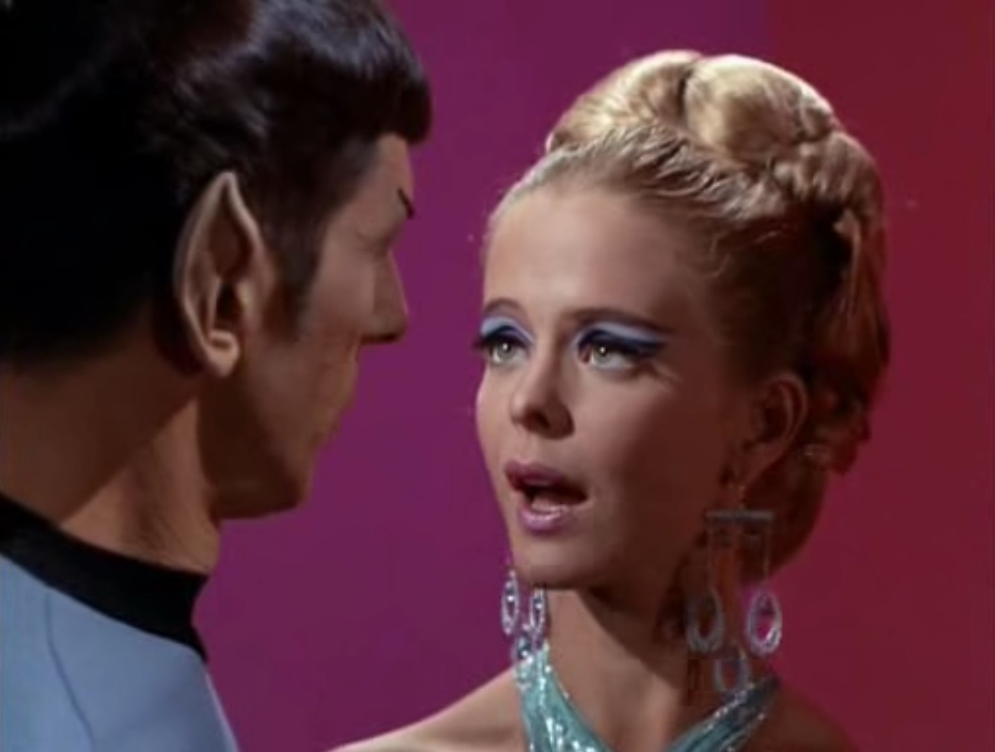 screen capture of Droxine looking up at Spock, her mouth parted