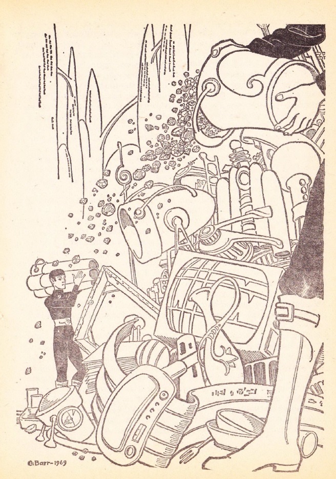 line drawing of a man holding a set of pipes approaching a pile of electronic junk; someone is throwing a bucket of diamonds on the pile