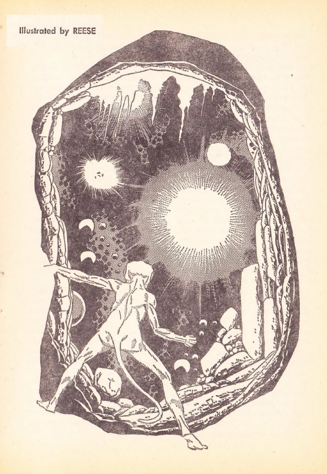 line drawing of a tailed, bipedal alien looking into what appears to be the heart of a giant cave or geode