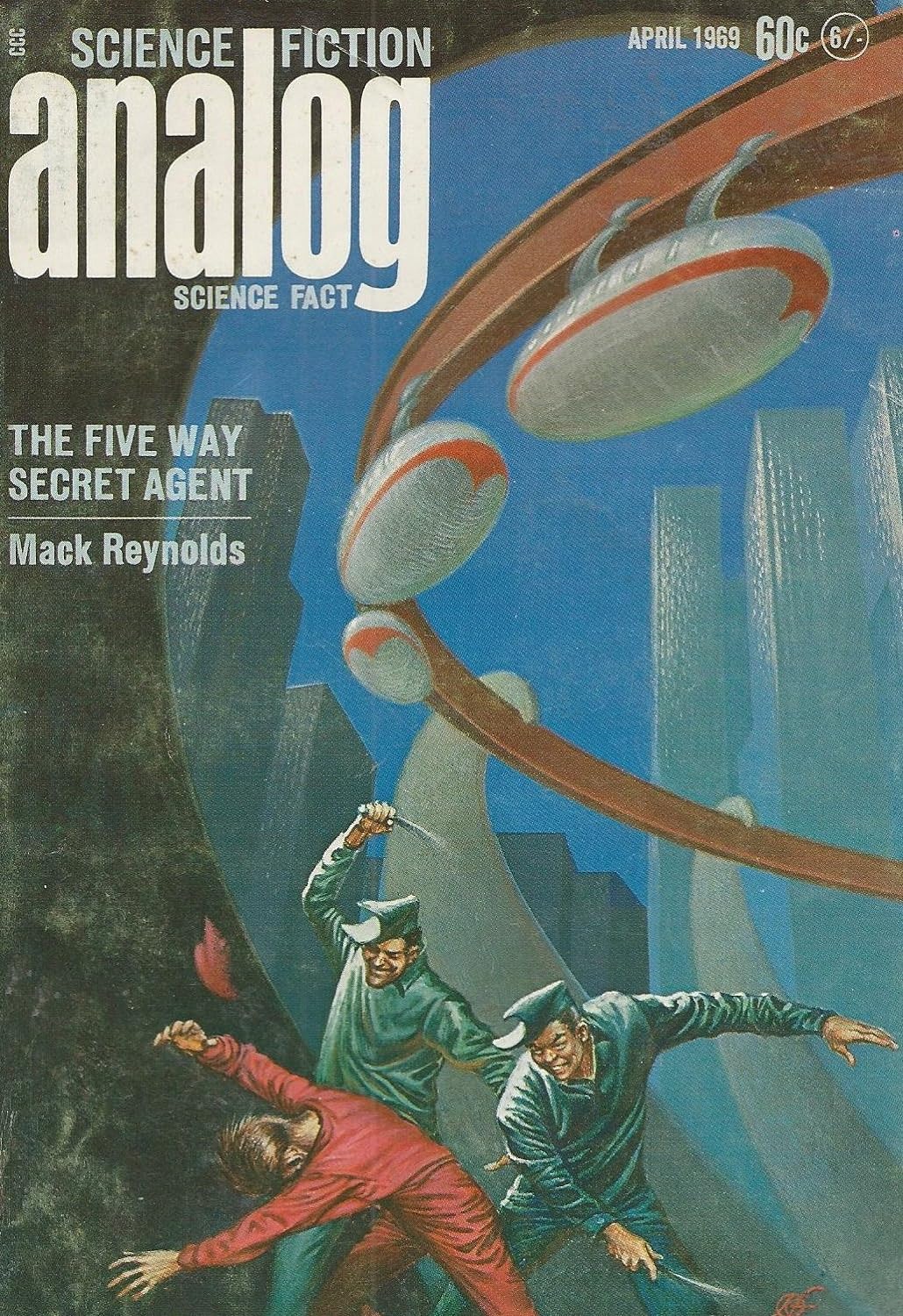 cover illustration of two white-suited futuristic cops beating a red-suited man underneath a futuristic monorail