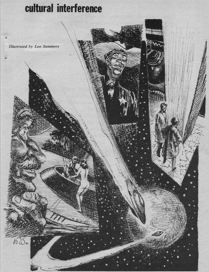 black and white illustration of a flying saucer careening toward a planet, with inserts of a mustached man looking at a naked woman helping a naked man out of the saucer on the surface, a man in a cowboy hat with a sheriff's star, and two lab-coated men looking at a giant, narrow monolith