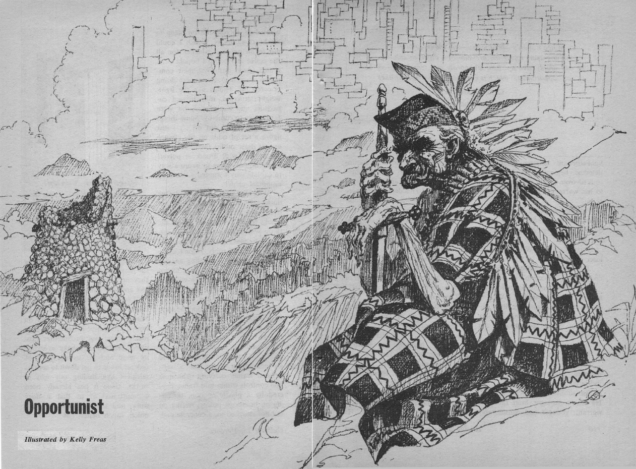 black and white illustration of a seated, wizened man wearing a Native American outfit done in tartan, a rock hut in the background