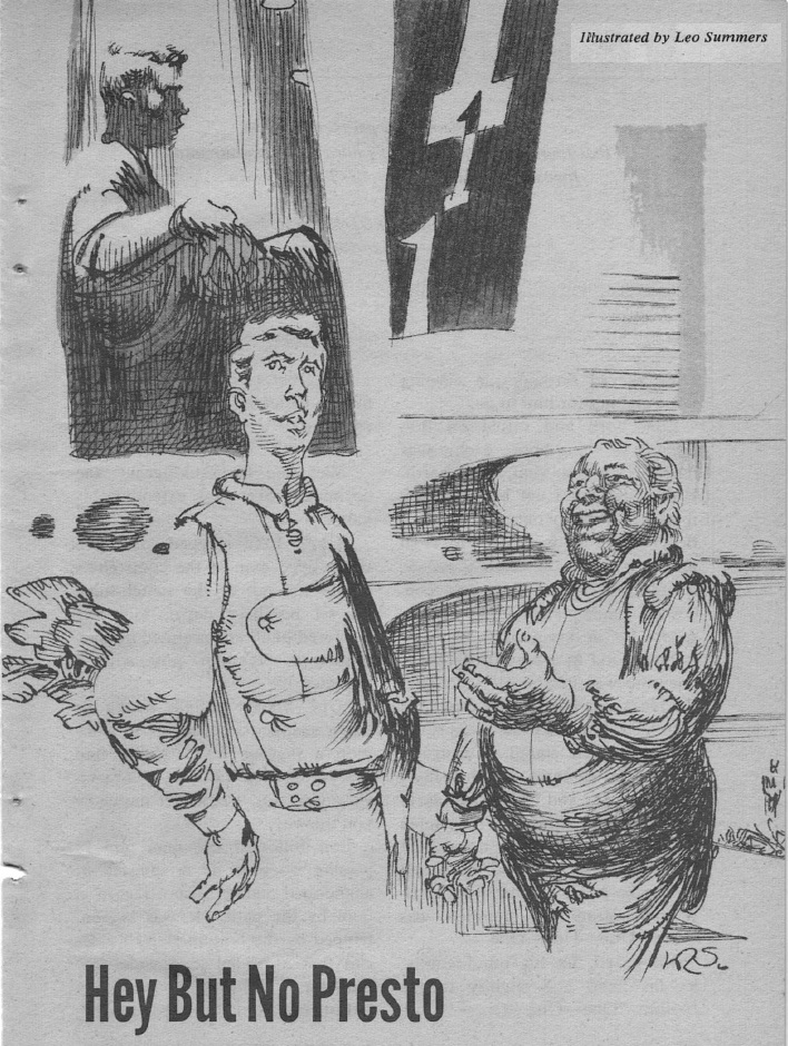 black and white illustration of a short, ruddy man entreating a young man looking askance with hands at his sides, an image of him seated, eyes closed, in the background