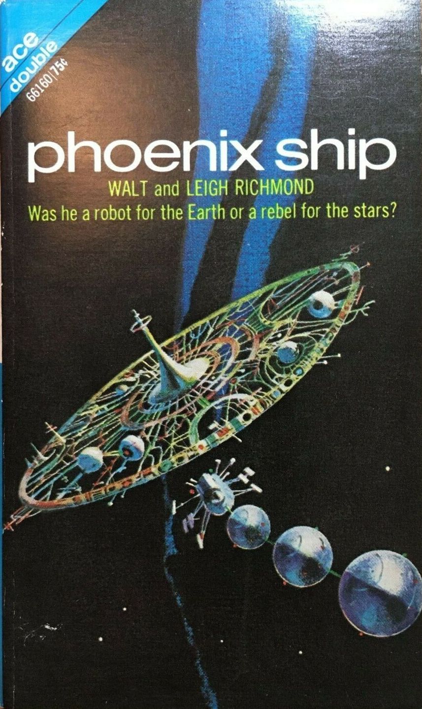 Cover of the book Phoenix Ship. It shows a space station in the shape of a bicycle wheel, but with many more spokes and colors. There is a row of small spacecraft leaving the station.