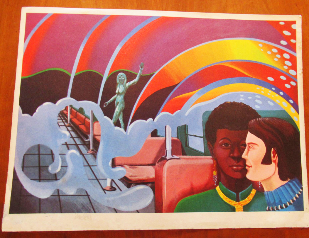 Colorful illustration of a black woman and a white man sitting inside a bus. At the top half of the image, the metallic bars inside the bus transform into concentric curved lines in an abstract landscape, where a statue of a naked woman can be seen.