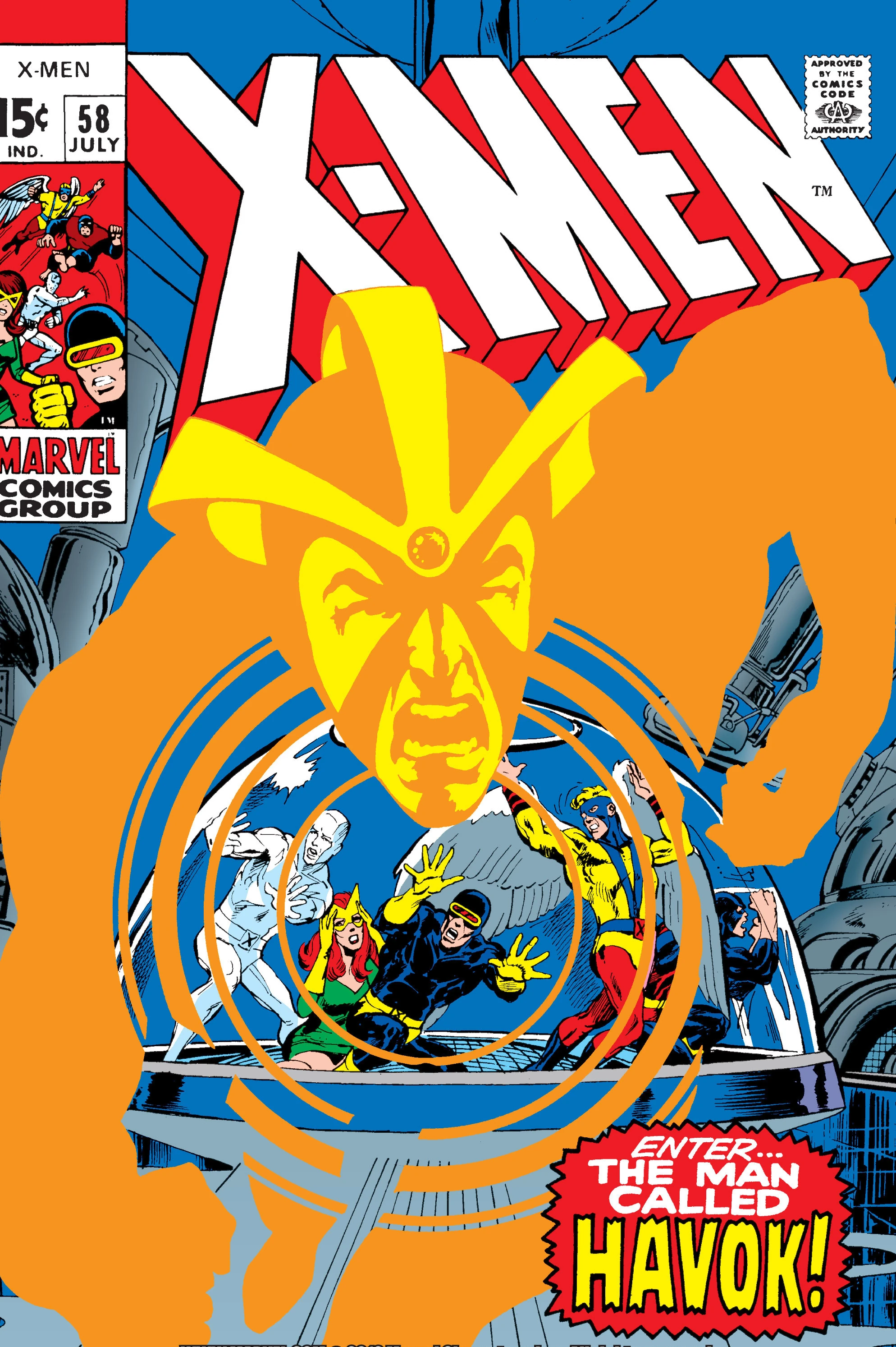 Cover of X-Men magazine, number 58. The illustration shows the superheroes Iceman, Jean Grey, Cyclops, Angel and Beast trapped inside a hemispherical glass dome. Their figures are enclosed in concentric orange lines and the orange silhouette of a screaming man wearing a helmet. Text at the bottom right corner of the cover says: Enter... the man called Havok!