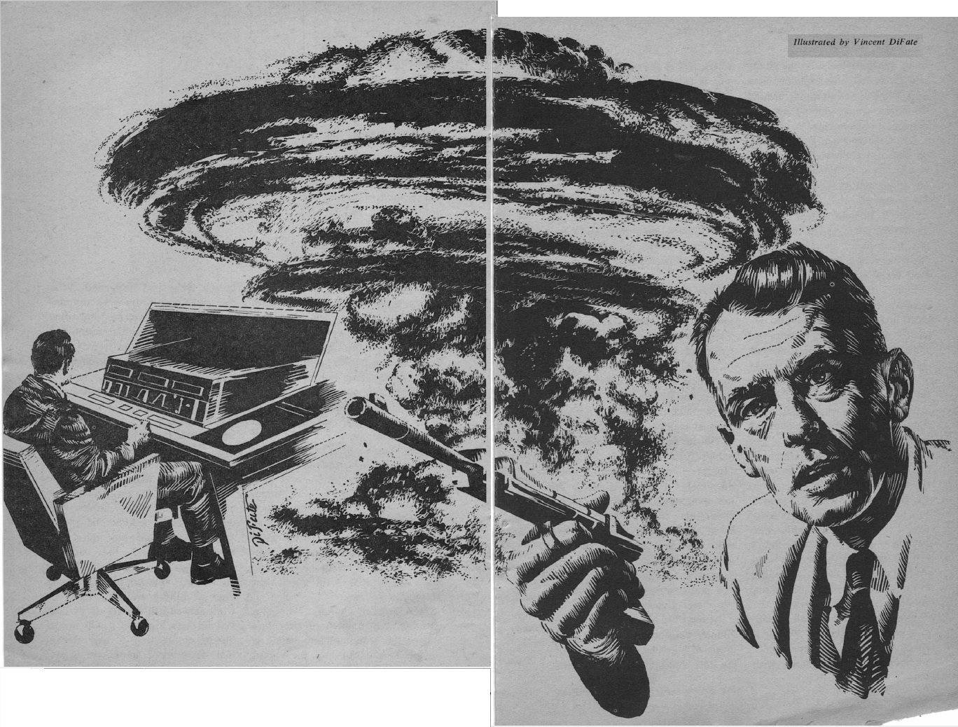 Illustrated by Vincent DiFate. Two-panel illustration, light dusty black linework on white background. On the right panel there is a White man in a white suit with a dark tie, facing the viewer. He looks like a pimply Ronald Reagan, and is awkwardly holding a fantastical gun as though it is a cigarette holder. On the left panel, there is a White man in a black suit, sitting at a computer console, facing away from the viewer. In the background of these images is a dusty cloudform meant to represent an atomic blast, but looks more like a hurricane.