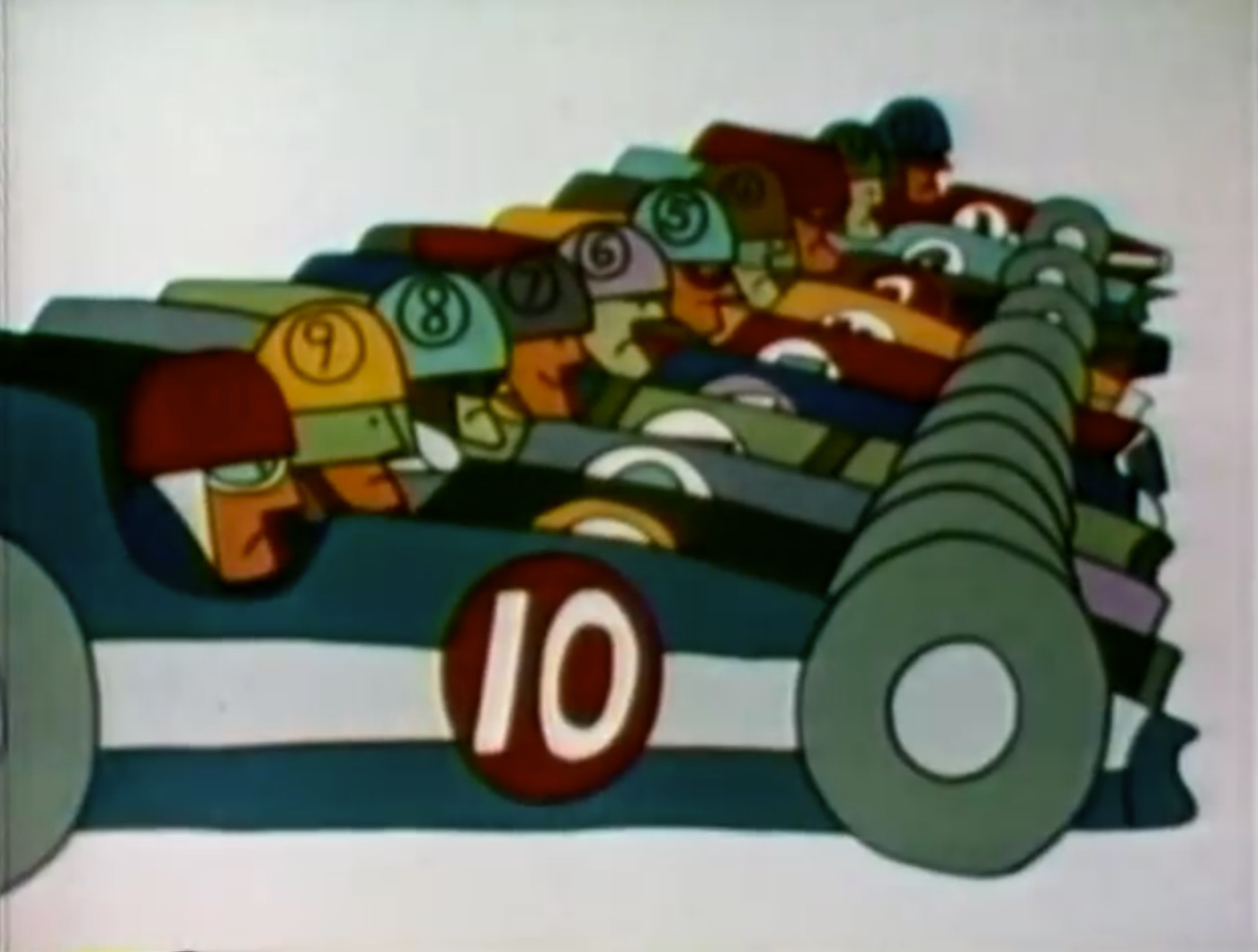 still illustration of ten formula-one cars, all lined up at the ready, with the number ten emblazoned on the foremost driver's car and helmet