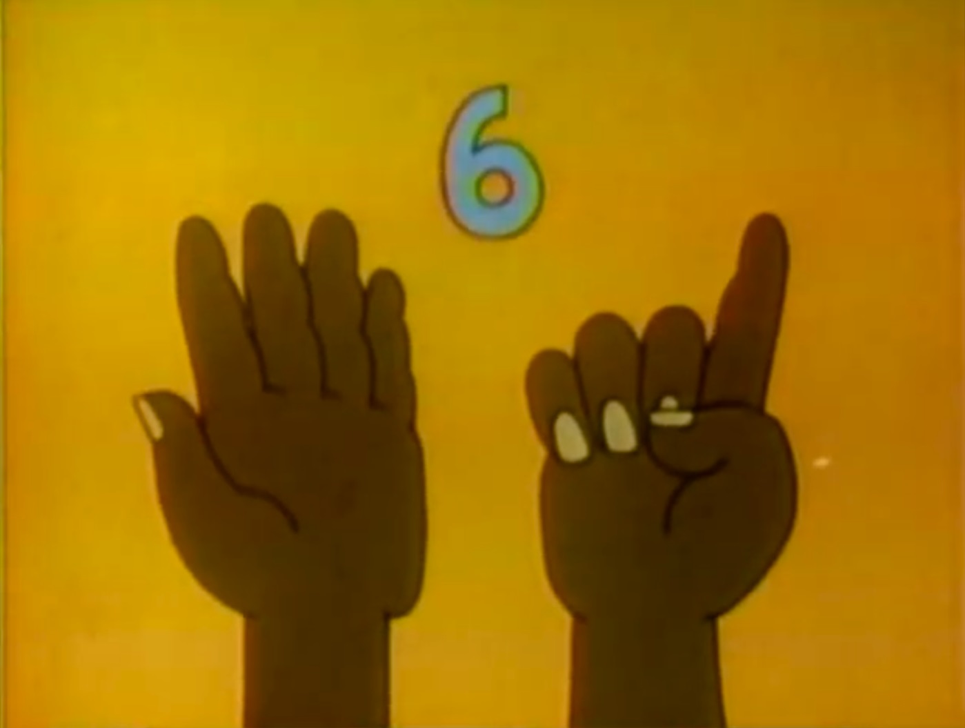 still illustration of two brown hands with six digits extended, below the number six