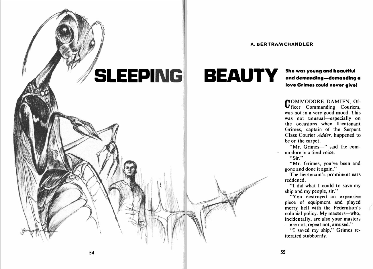 Image of an open book. The lefthand page is a black and white illustration of a large mantis-like creature, and a man in a vest half the size standing beside. From the center in bold letters is SLEEPING BEAUTY. The top right page reads A. Bertram Chandler. A paragraph of text runs down. 