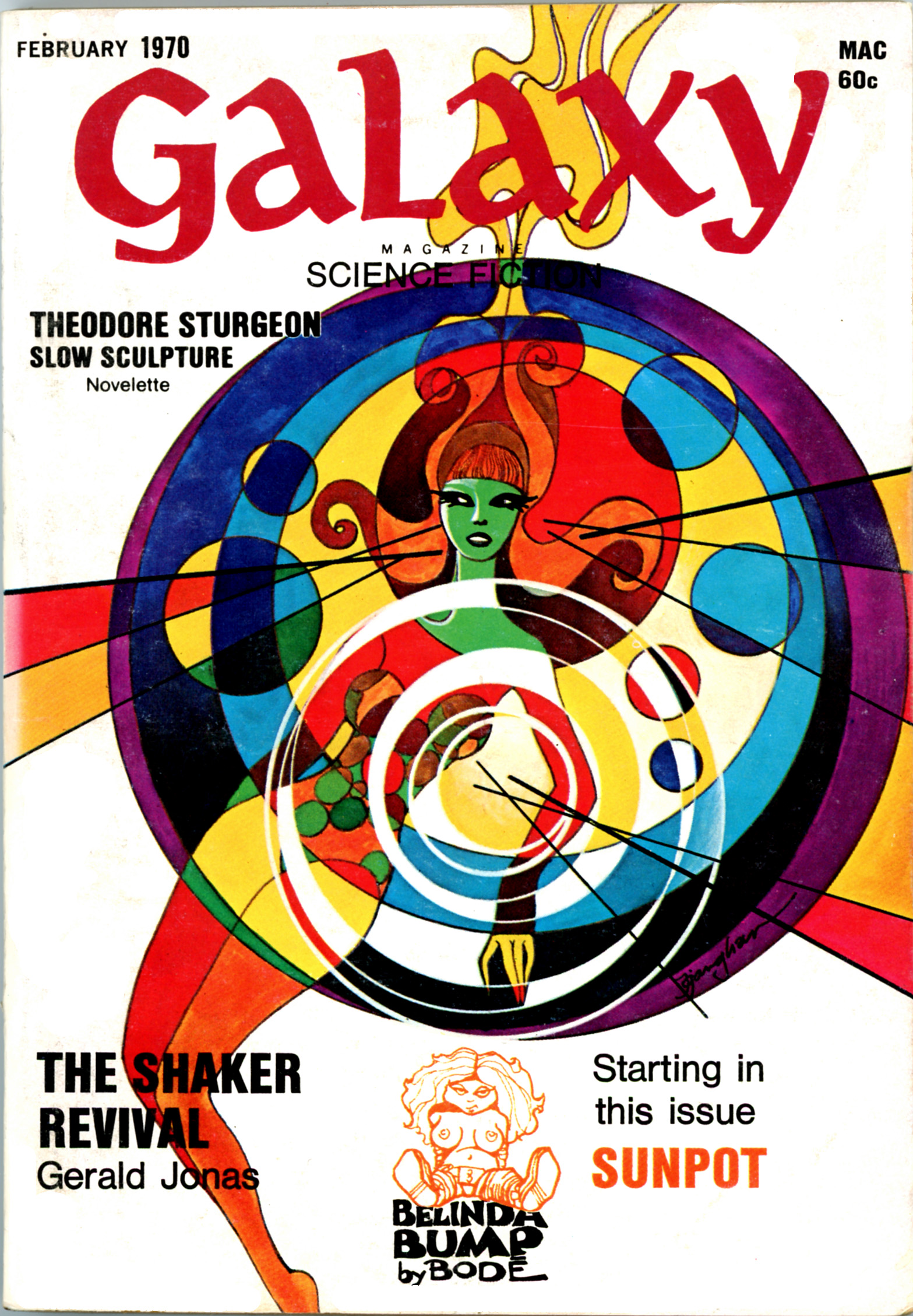 The February 1970 cover of Galaxy Science Fiction Magazine featuring a long-haired abstractly drawn woman in a psychedelic art style that resembles stained glass.