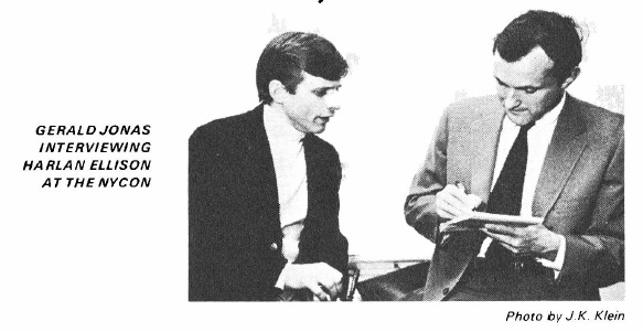 Black and white photo of two men in suits sitting side by side. the photo reads GERALD JONAS INTERVIEWING HARLAN ELLISON AT THE NYCON.