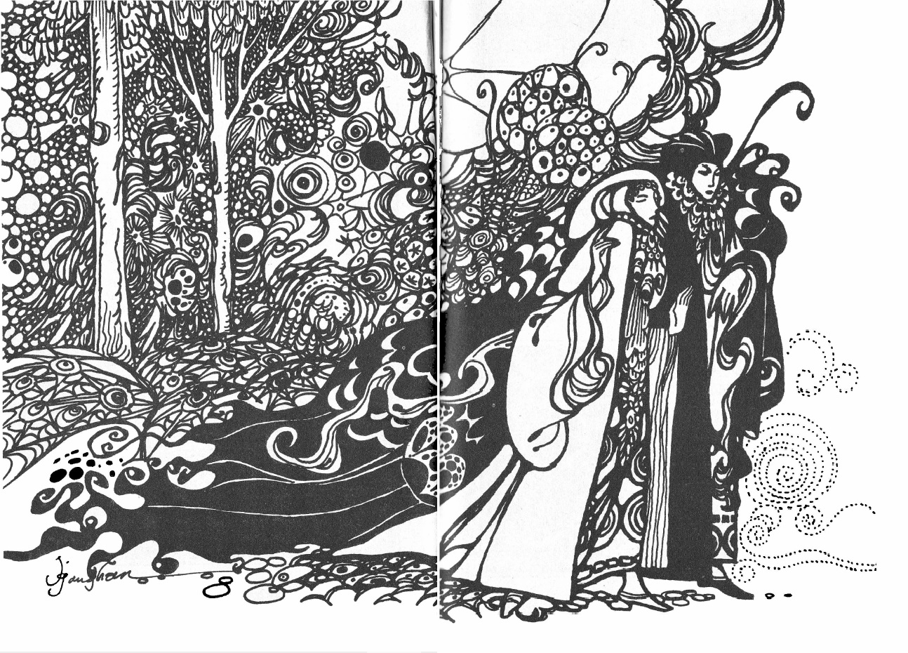 Image of an open book. An art nouveau style black and white illustration of a young couple walking surrounded by rounded shapes in the forest fills both pages. They wear long gowns and large hats.