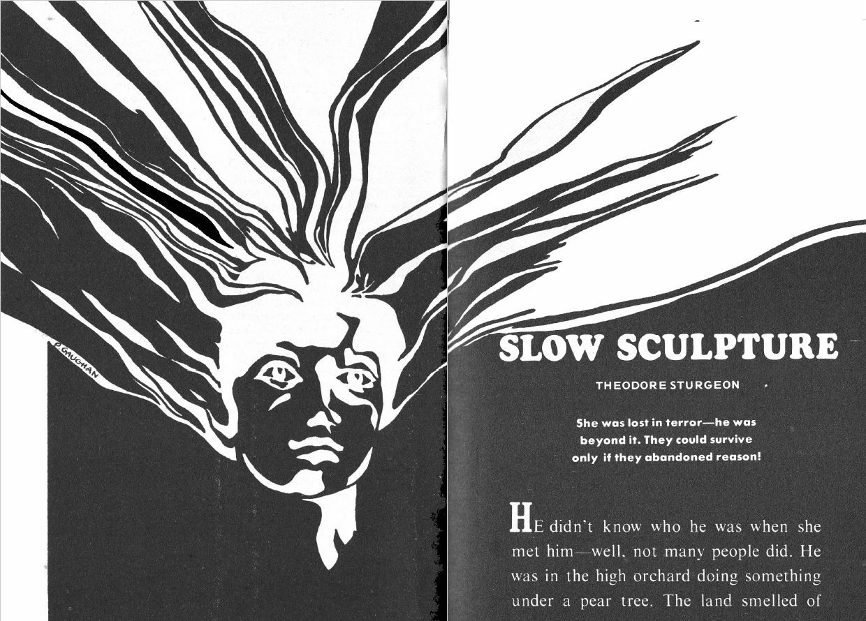 Photocopied image of an open book with a black and white illustration of a womans face. Her hair flows upward and off of the pages. The lefthand page reads SLOW SCULPTURE by Theodore Sturgeon. 