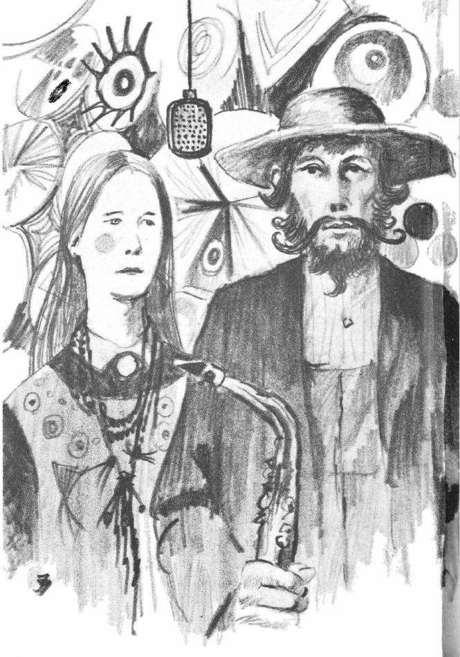 Pencil Drawing of a man and a woman side by side. The woman has long hair and shaded cheeks. The man wears a hat, has a long moustache and holds a saxophone. 