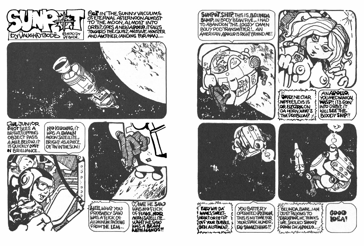 Open page image of Comic Sunpot Featuring images of Apollo and Captain Belinda Bump's bare breasts.