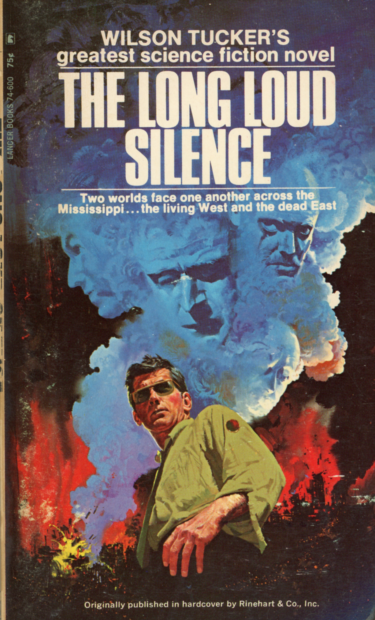 Book cover, featuring a posterised illustration of a middle-aged white man with dark hair and sun-glasses looking down in the foreground, while in the background there appears to be a distant nighttime inferno, with four great faces appearing to partially emerge molded in the smoke plume