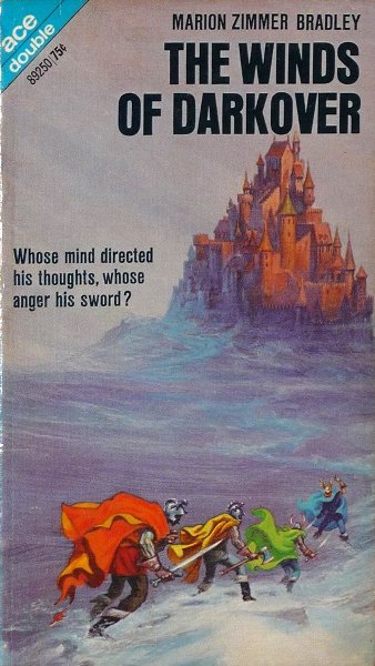 Book cover, featuring a painted illustration of a snow-swept landscape with a walled city in the background, its towers just catching the light of a crepuscular red sky.  In the close foreground, separated from the city by a great distance, we see four figures with trousers, knee-high boots, tunics, metallic helmets and sleeves, gauntlets, and brightly colored capes.  Red, yellow, and green are running in a line with swords drawn towards blue in the middle distance