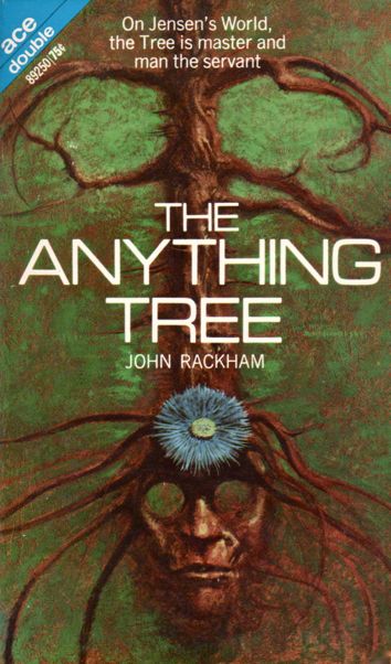 Book cover, featuring a surreal illustration of a brown tree with neither ground nor sky, against a background of green leaves.  The lower part of the tree is shaped as a great and solemn mask, and limbs like arms rise from the convolutions of the bark