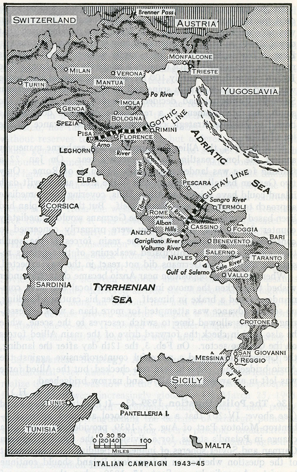 A black and white map of Italy. Parts of Switzerland, Austria, Yugoslavia, and Tunisia are also shown. Cities and regions  relevant to the Italian Campaign of 1943-45 are marked.