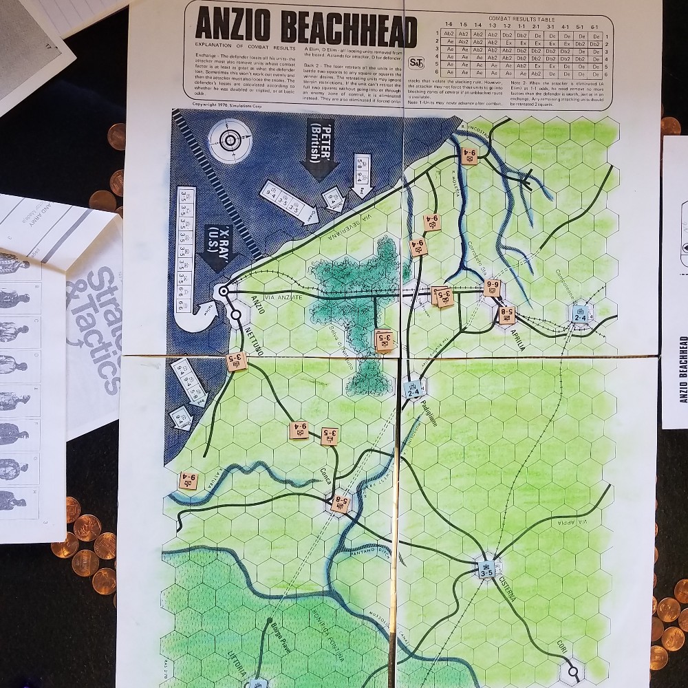 Photo of the Anzio Beachhead map, hand-colored with pastels. It is the size of four regular 8.5 inch by 11 inch sheets of paper.