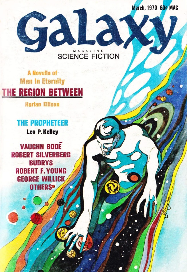 Cover of Galaxy magazine featuring a ghostly male figure half-submerged in a multi-hued representation of the universe, dozens of planets swirling near him