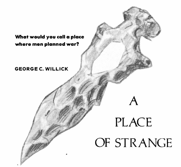 A pencil drawing of a knapped stone item, looking both like a knife and a deity. Above it reads the legend 'What would you call a place where men planned war?'