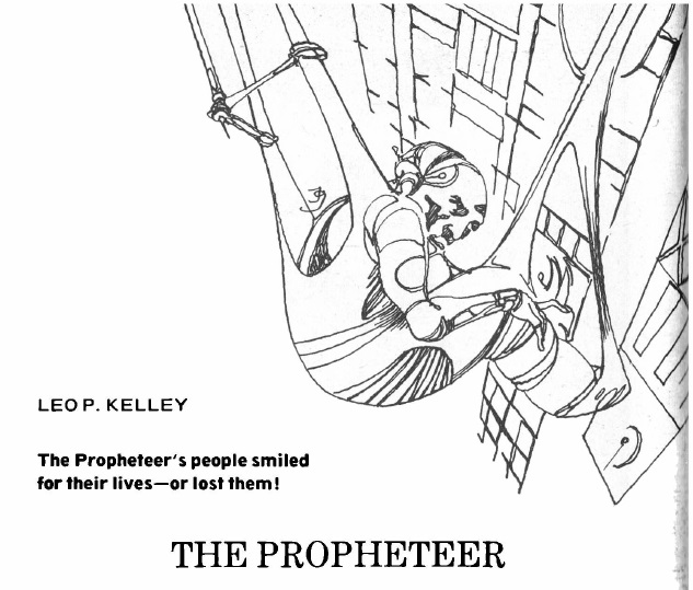 A black-and-white sketch, briefly rendered, of a twisted robot sitting in a futuristic hammock, facing a wall of screens. The legend reads 'The Propheteer's people smiled for their lives -- or lost them!'