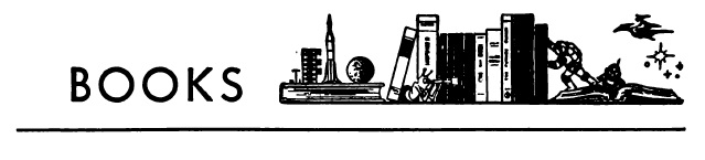 Banner reading 'Books' with an illustration of a shelf of books bracketed on the one side by a miniature of a rocket staged for liftoff, and on the other with a diorama of an astronaut having landed on a book acting as a book-end