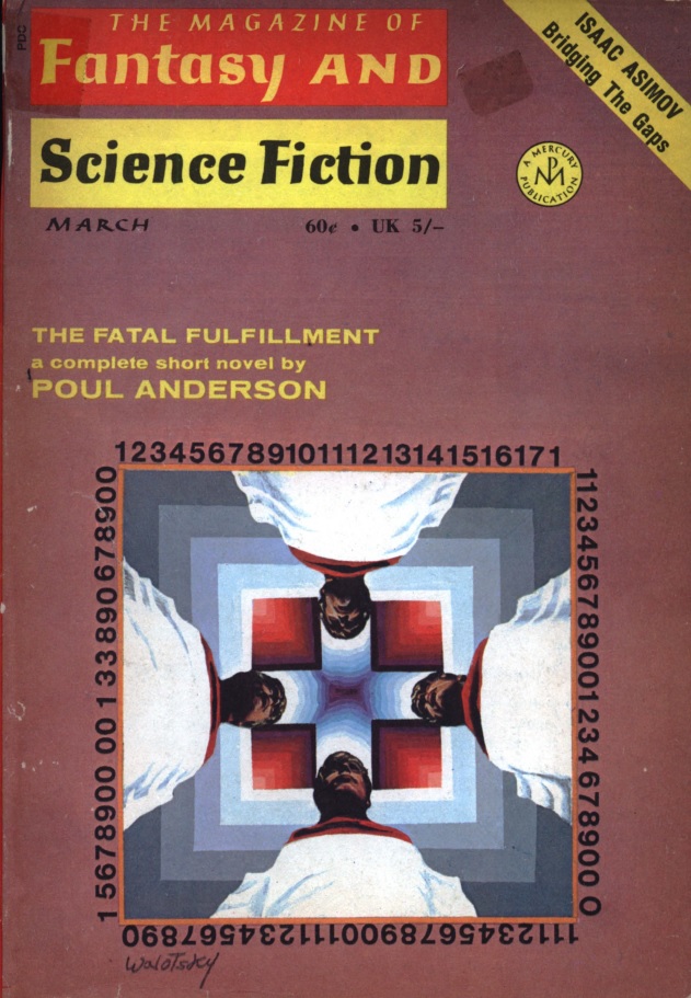 Cover of The Magazine of Fantasy and Science Fiction's March issue-- the cover illustration is a square wrapped wrapped in digits with the top sequence running from 1-17, and the others presenting variations on the sequence.  The inside of the square appears to show four mirrored illustrations of men laying under blankets as though awaiting surgery.  Extending from the crowns of their heads to the center of the square are matching banded gradients from pale to dark blue.