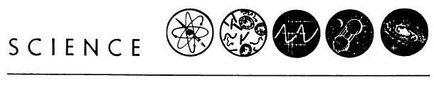 Banner reading 'Science' with inset illustrations of an atom (in the style of Bohr), an optical microscope's view of microorganisms, an oscilloscope's view of a sawtooth wave, a satellite in orbit, and a spiral galaxy