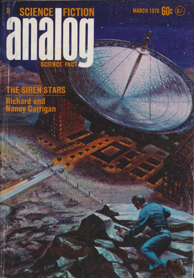 The cover of the Analog issue. It shows a man with a gun looking over a desert cliff at a massive radio telescope facility.