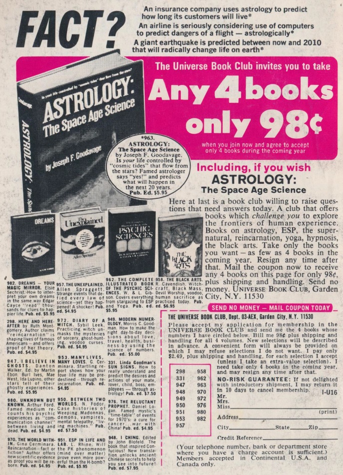 An advertisement for Universe Book Club, which allows you 4 books per year, for 98 cents plus shipping and handling. Subjects include astrology (described as 'The Space Age Science'), ESP, reincarnation, the supernatural, yoga, hypnosis, and 'the black arts'.