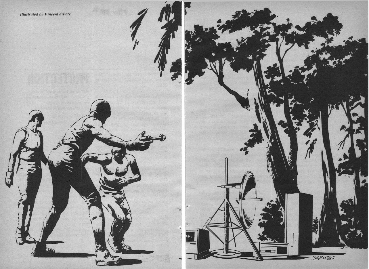 A two panel image, black ink on white background. The left panel is of three muscled humanoid figures. They are all wearing helmets and armored vests, but only one is carrying a ray gun. The right panel shows some scientific equipment under shadowy trees.